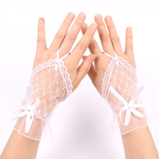 Hook Finger Lace Gloves Bridal Wedding Halloween Lolita Black Mesh Bow Dancing Hand Sleeve