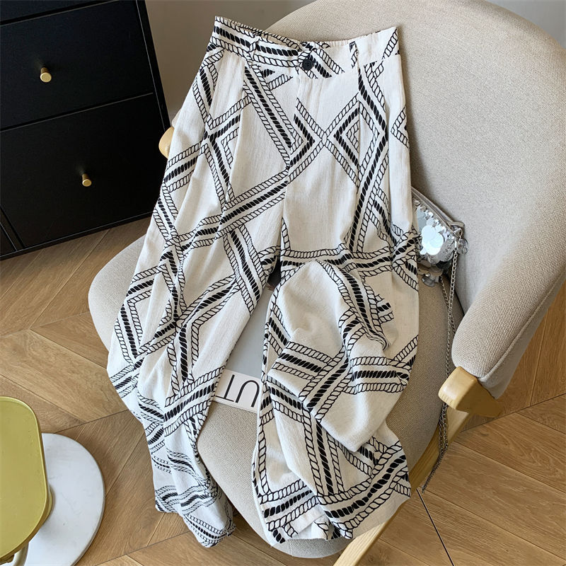 Relaxed Cotton and Linen Printed Wide-Leg Pants for Women, Summer Thin New High-Waisted Loose Slimming Lazy Retro Casual Pants