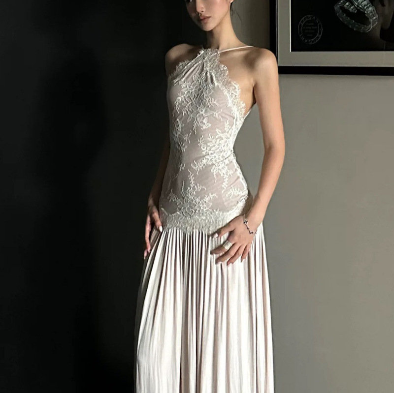 Rovente Lace Splicing Suspender Dress Women's Summer Elegant Lady High-End Waist Backless Sleeveless Long Dress