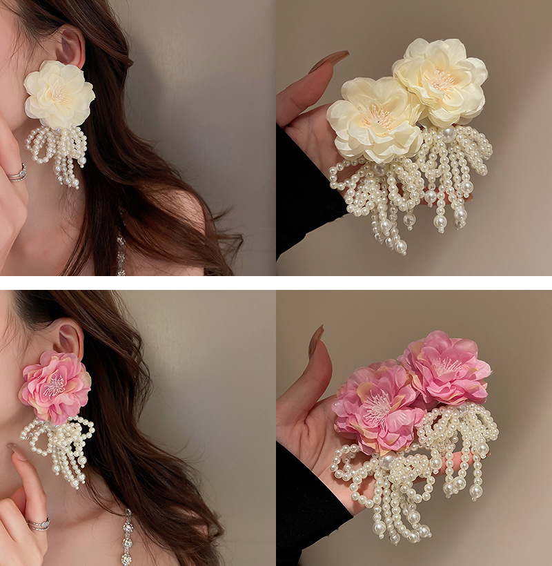 Sweet Flower Bow Knot Copper Artificial Rhinestones Artificial Pearls Drop Earrings 1 Pair