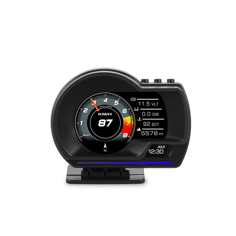 Full LCD screen OBD2 multi-function head-up display with water temperature, exhaust temperature, turbo intake speed, oil temperature, speedometer, and GPS