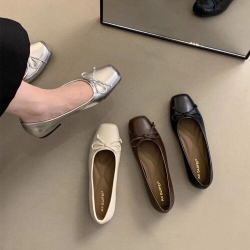 Square-toe small leather shoes, shallow mouth, bean-like shoes, 2025 new spring and autumn, gentle butterfly knot, ballerina shoes, women's single shoes