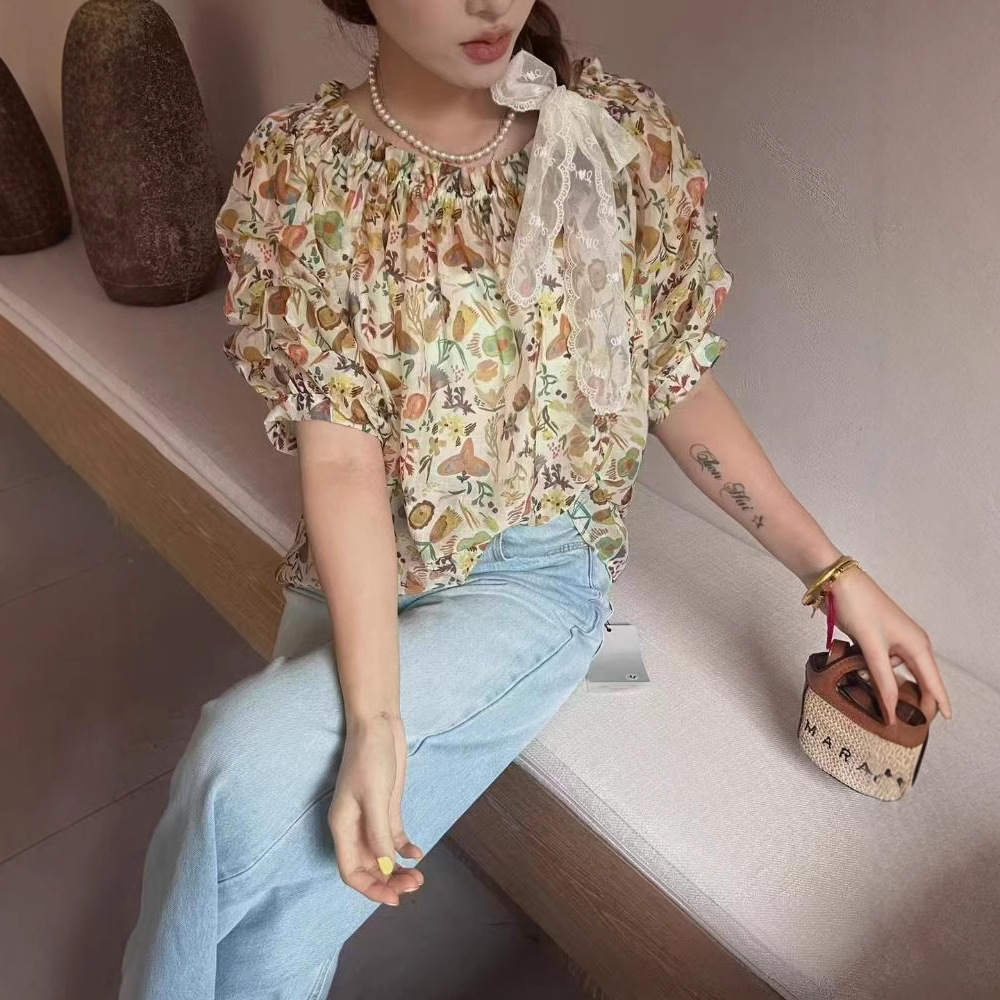 여름 새 여성 의류 Sijiqing 부티크 하이 엔드 한 캐릭터 칼라 프린트 플로랄 쉬폰 반팔 셔츠 탑 셔츠 여성용
