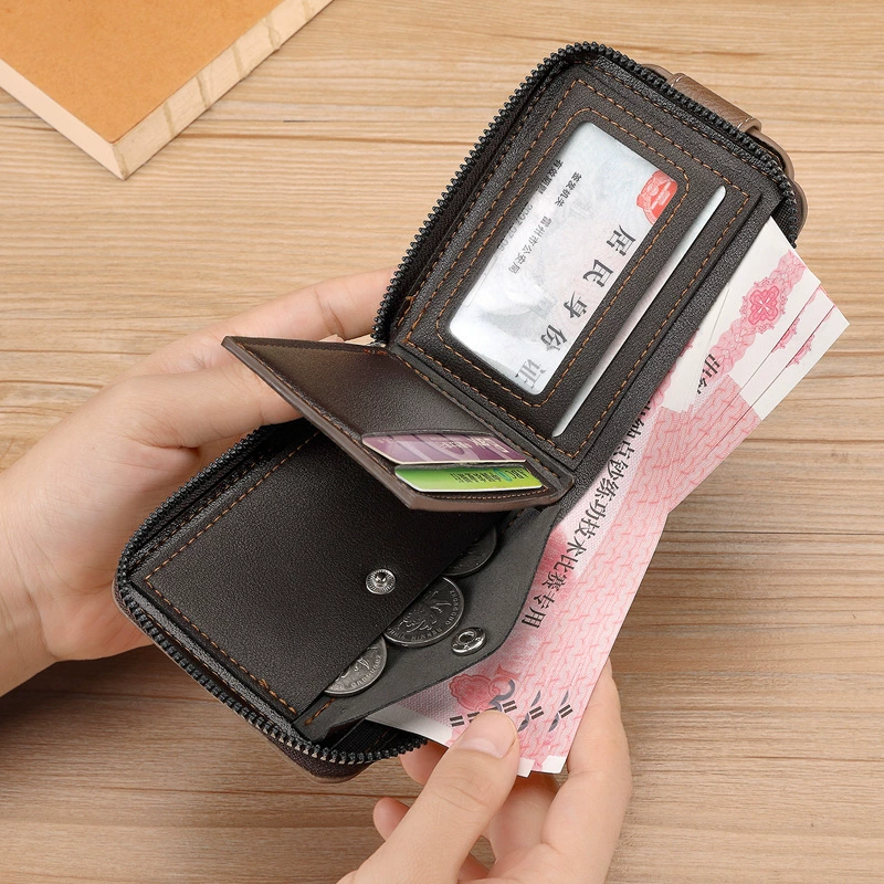 Short retro fashionable wallet with zipper, capacious card holder
