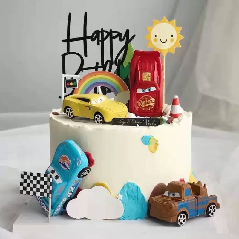 Cartoon Car Kidsren's Birthday Cake Decoration Pull-Back Car Ornaments Felt Tree Dessert Table Plug-In Accessories