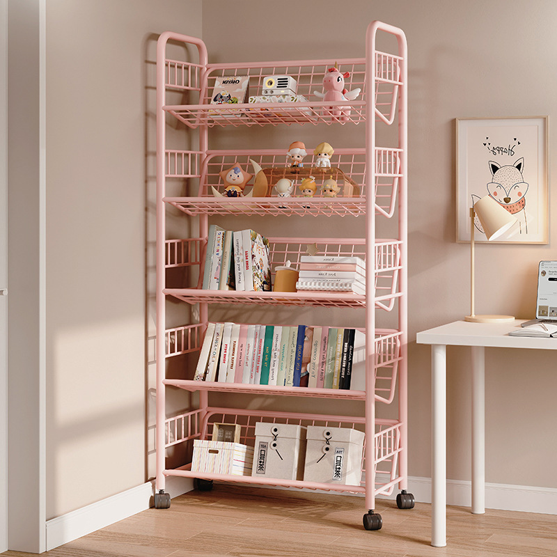 Estante de libros para niños Estante de almacenamiento de hierro forjado contra la pared Estante de almacenamiento de piso Estante de ruedas plegable móvil junto al escritorio