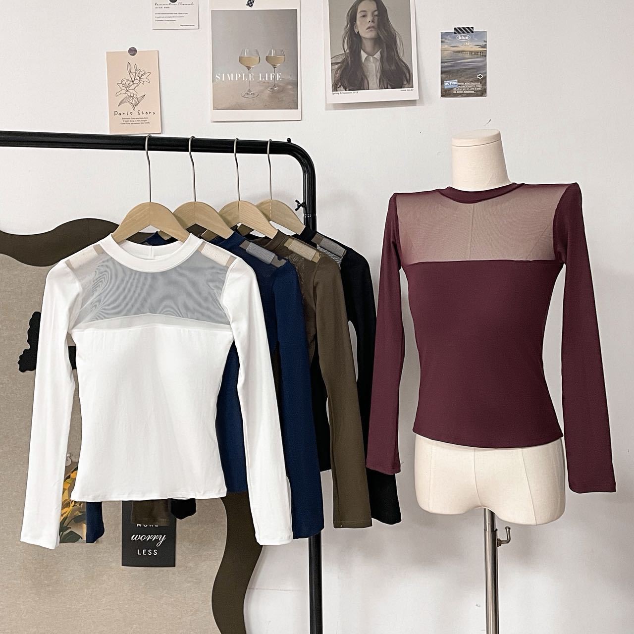 Autumn and Winter Round Neck Mesh Splicing Design High-End Long-Sleeved Right Shoulder T-Shirt Women's Inner Layering Shirt Can Be Worn Outside the Top