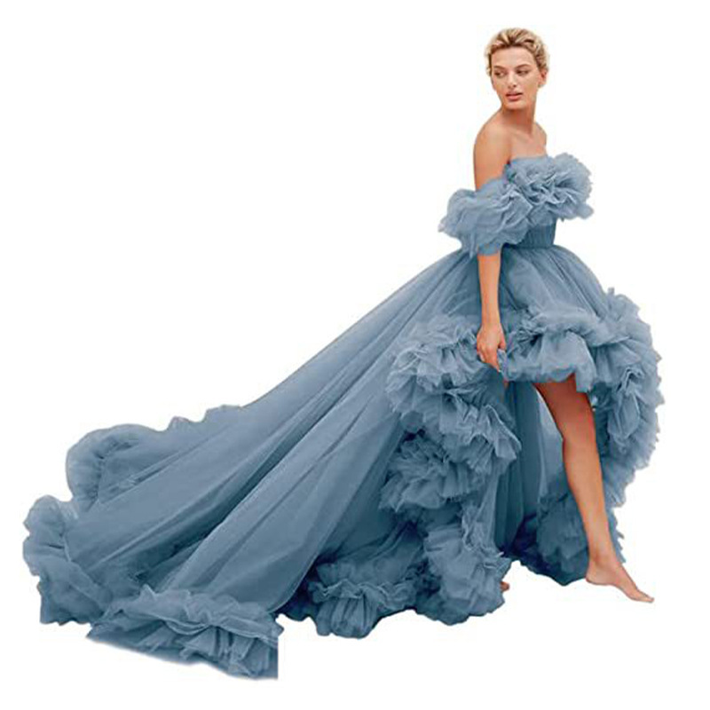 Amazon Cross-border Supply Strapless Front Short Back Long Trailing Flower Bud Pleated Dress Mesh Elegant Dress