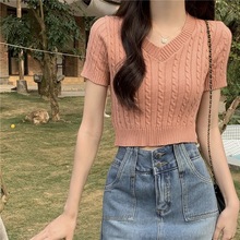 韩系套头v领针织衫女夏季新款修身高腰短上衣小个子百搭休闲短袖
