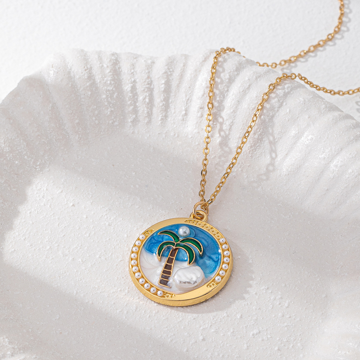 Alloy Material Elegant Beach Coconut Tree Starfish Shell Alloy Cable Chain Lobster Trigger Clasp Closure Pendant Necklaces Wholesale