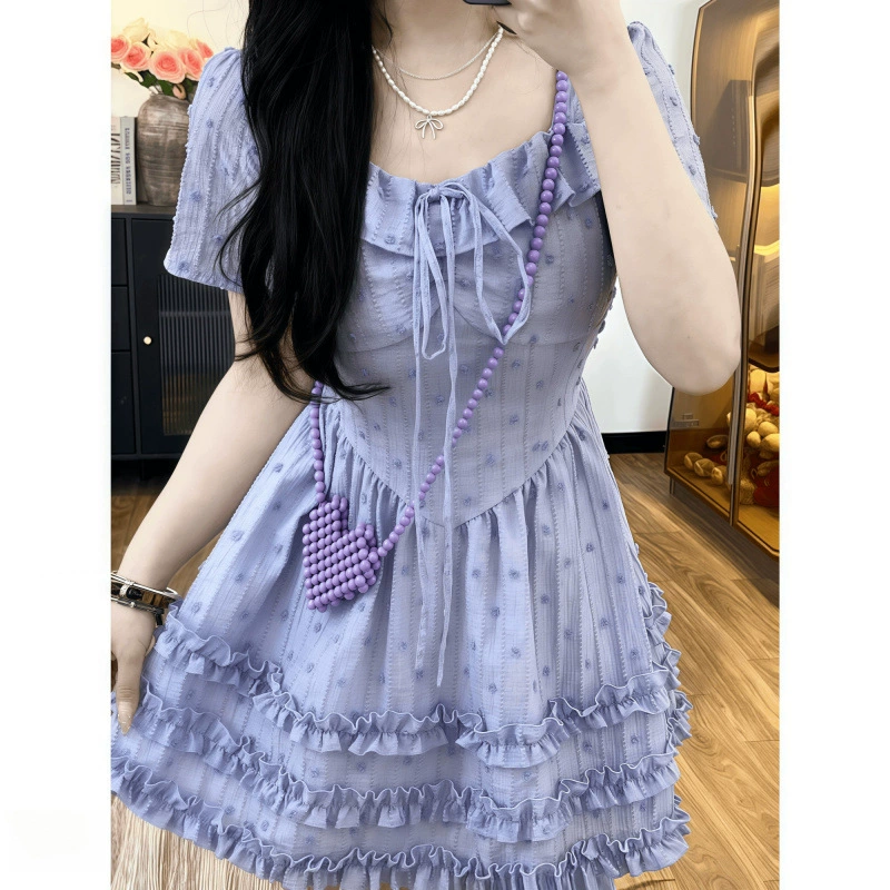 Новая черничная слойка слегка толстая мм французский темперамент квадратный воротник летняя вышивка A-слово талия Сладкое платье принцессы