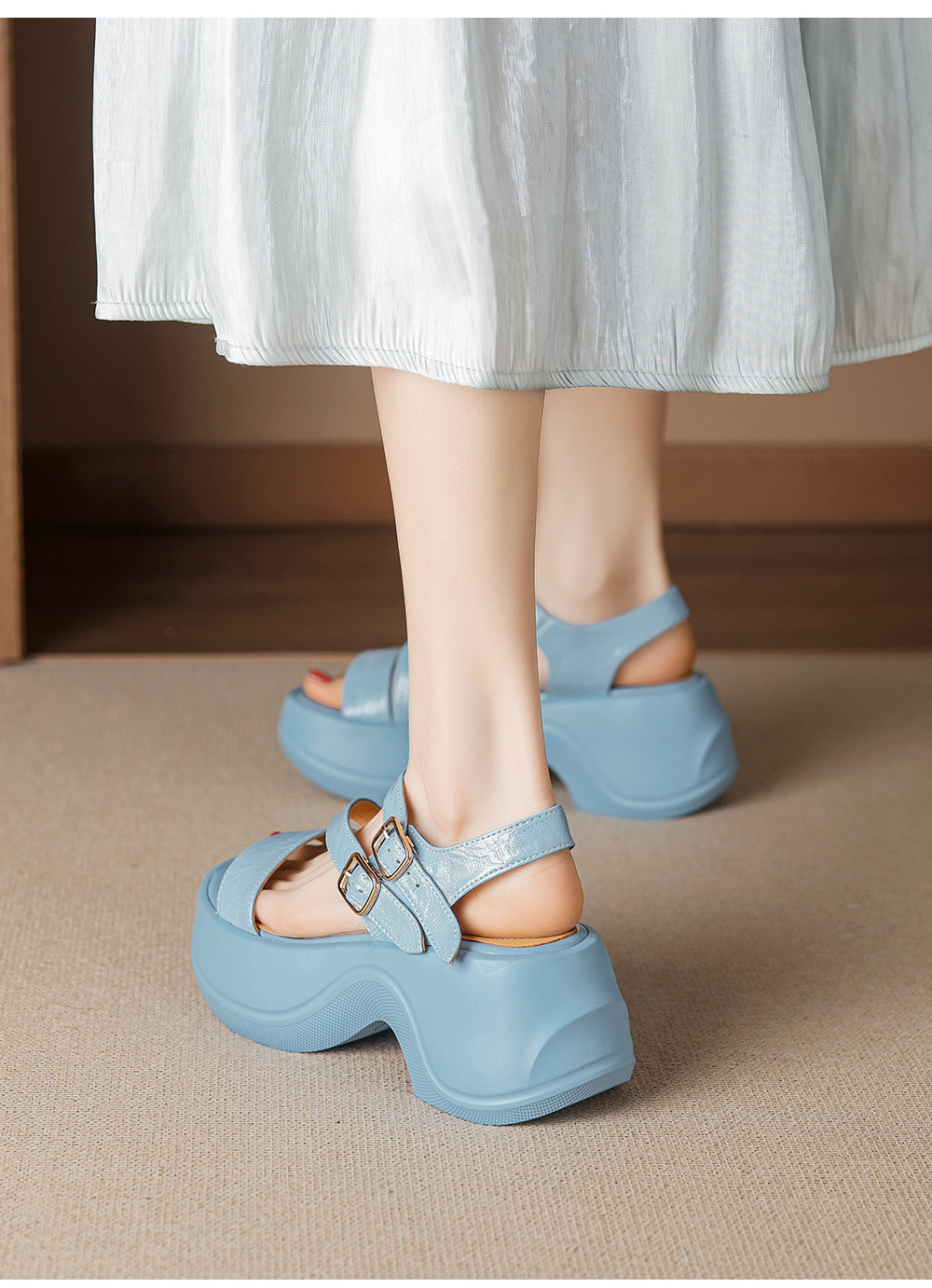 Sandal cao gót nữ hở mũi đế xuồng quai ngang khóa cài — màu đen, màu xanh hồ chi tiết 10