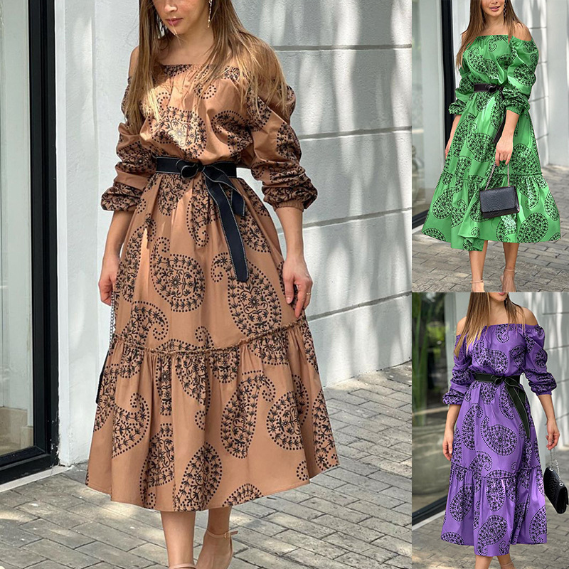 Fd932 Spot 2022 Cross-Border European and American Clothing Ins Style One-Shoulder Large Hem Long-Sleeved Mid-Length Printed Dress