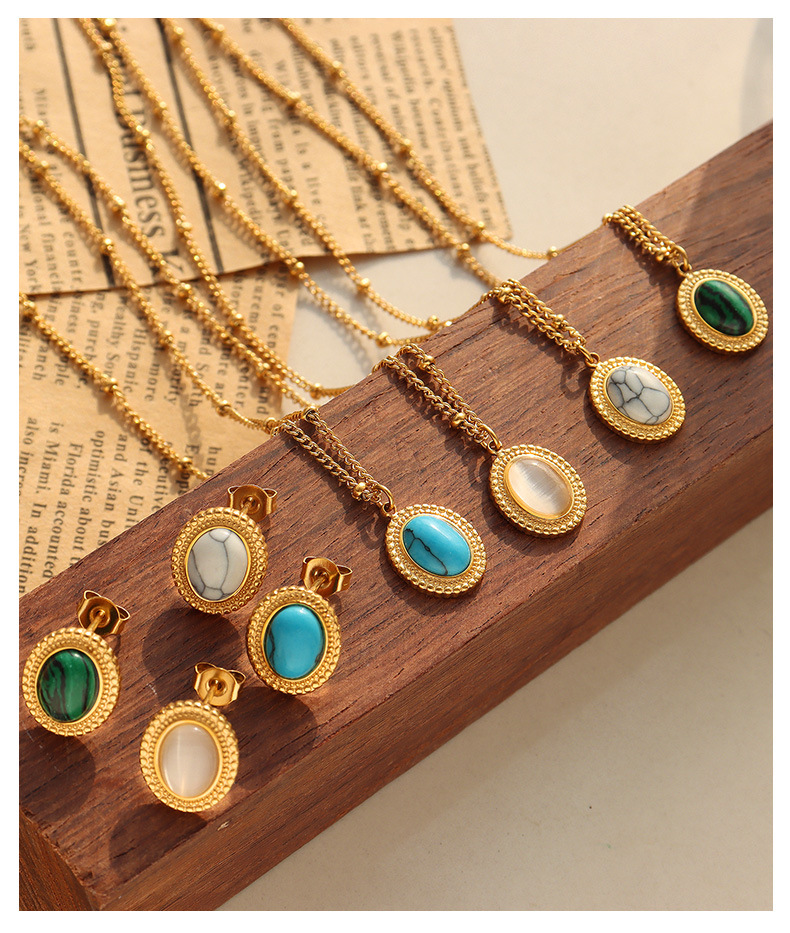 Fashion Turquoise Opal Pendant Titanium Steel Necklace and Earrings Suite