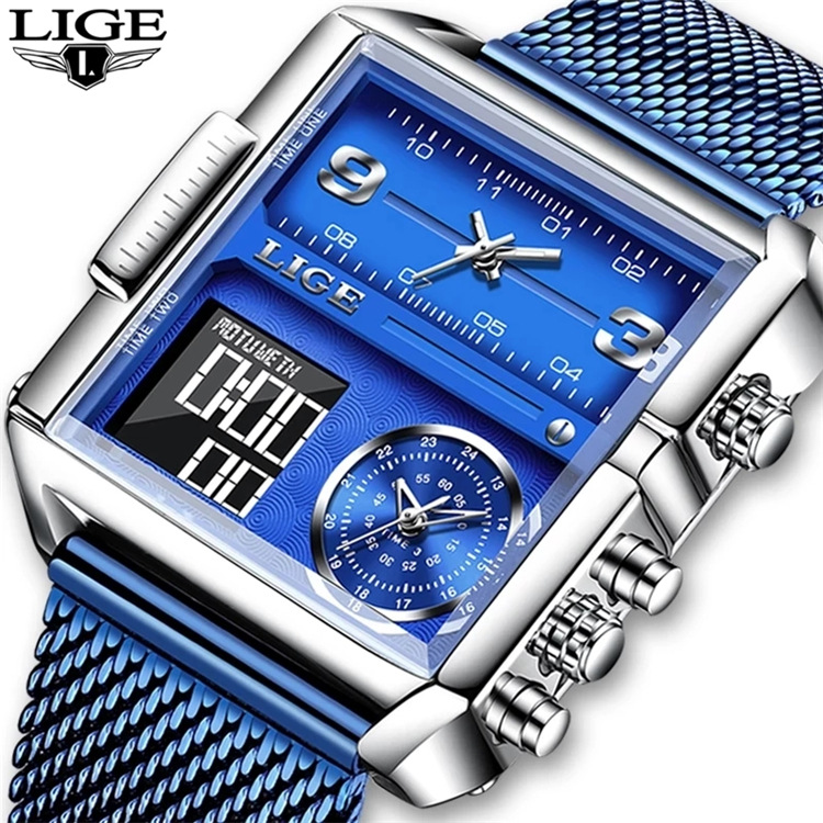 LIGE 8925SS nuevo cinturón de malla placa cuadrada doble pantalla personalidad creativa electrónica de cuarzo reloj de hombre fresco