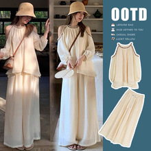 现货夏上新度假风孕妇清爽透气露肩上衣+猪鼻阔腿裤套装