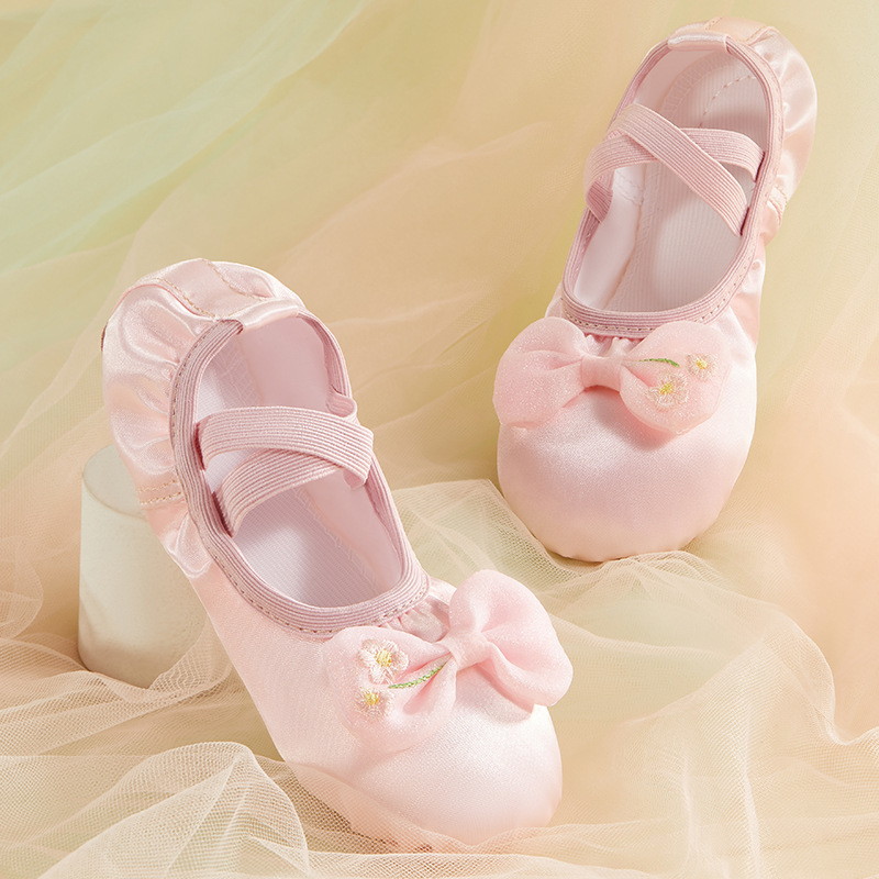 Satin Flower Bow Dance Shoes Children's Ballet Body Practice Soft Bottom Cat Claw Performance Children's Dance Shoes