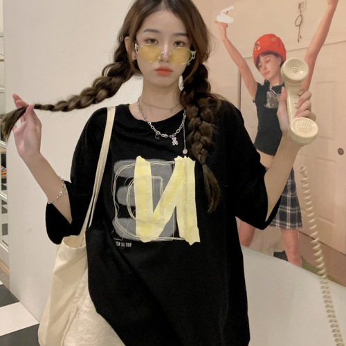 Women's Summer Large Print Short Sleeve T-Shirt Loose Korean Style Versatile Pure Cotton Half-Sleeve Tee Couple's Top