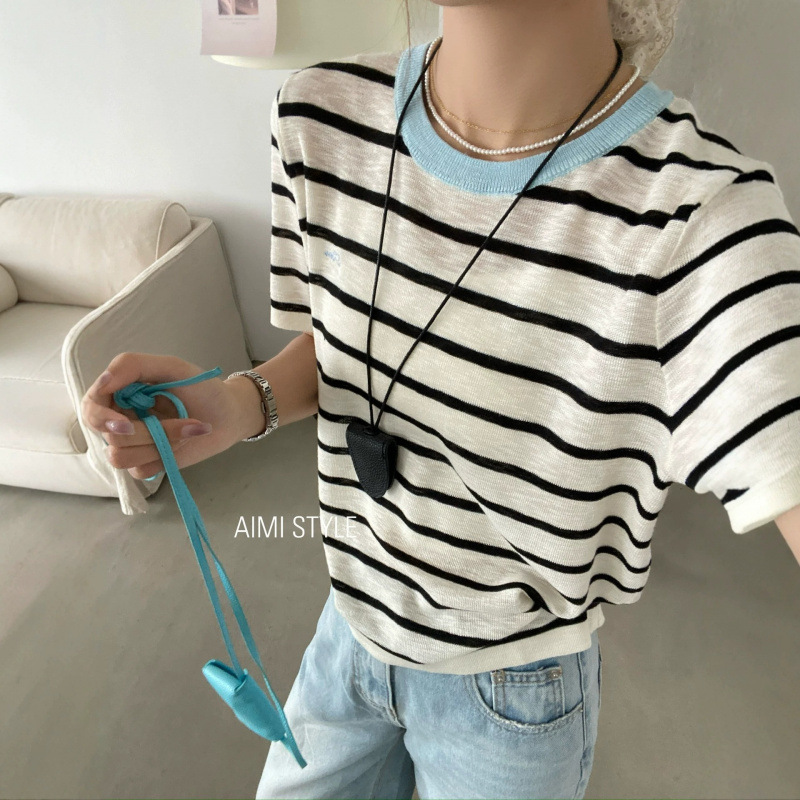 Ys Korean Style Embroidered Bow Ice Silk Casual Striped Short-Sleeved T-Shirt for Women Spring and Summer Comfortable Knitted Knitwear Top for Women Ys Korean Style Embroidered Bow Ice Silk Casual Striped Short-Sleeved T-Shirt for Women Spring and Summer Comfortable Knitted Knitwear Top for Women
