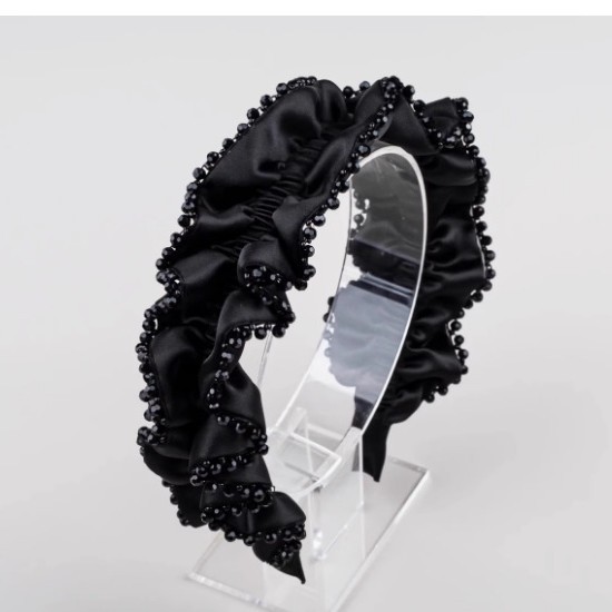 輕奢高級感褶皺水晶發箍浪漫優雅黑色布藝頭箍韓式仙女氛圍感發卡