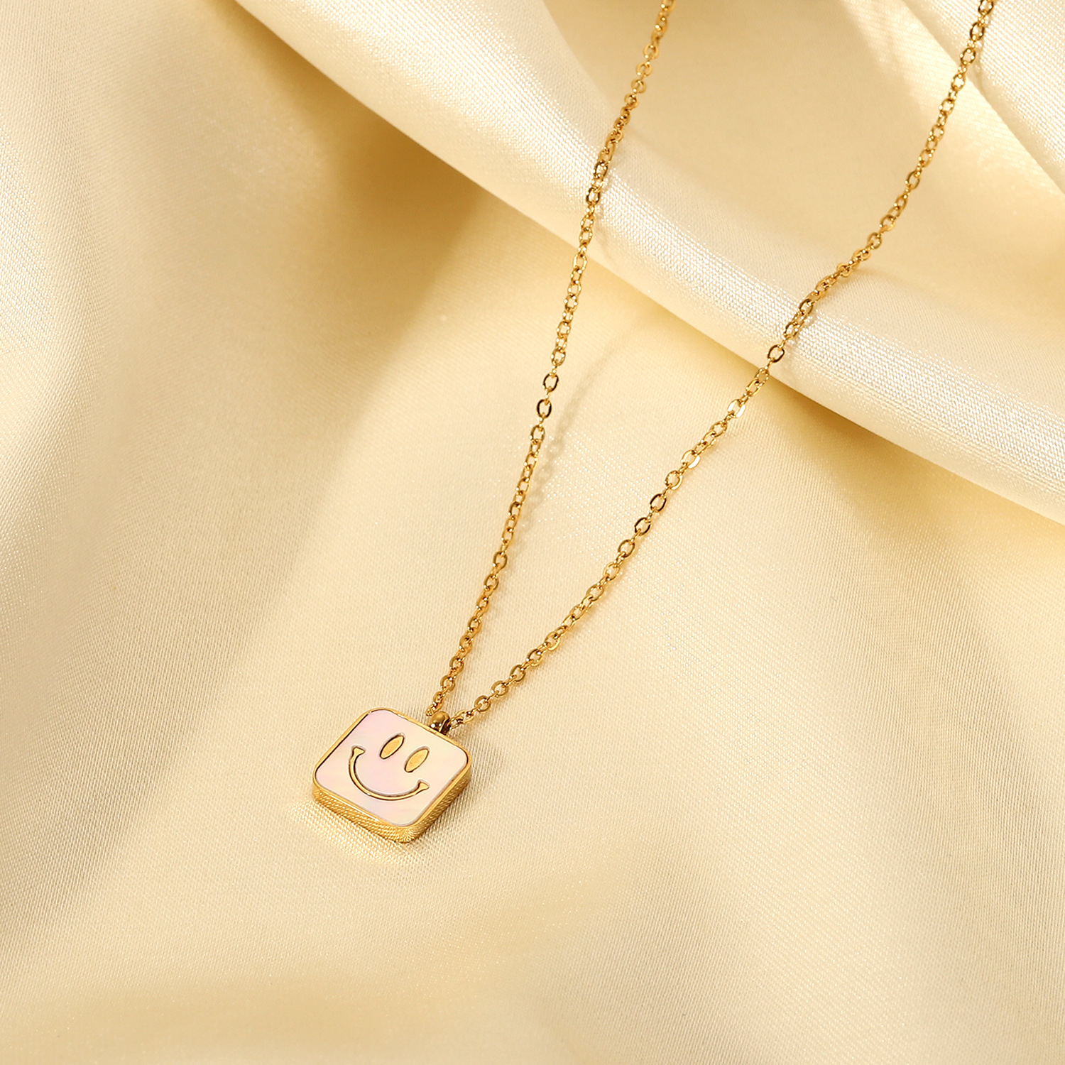 18K goldplated stainless steel square smiley face pendant natural white shell necklacepicture2