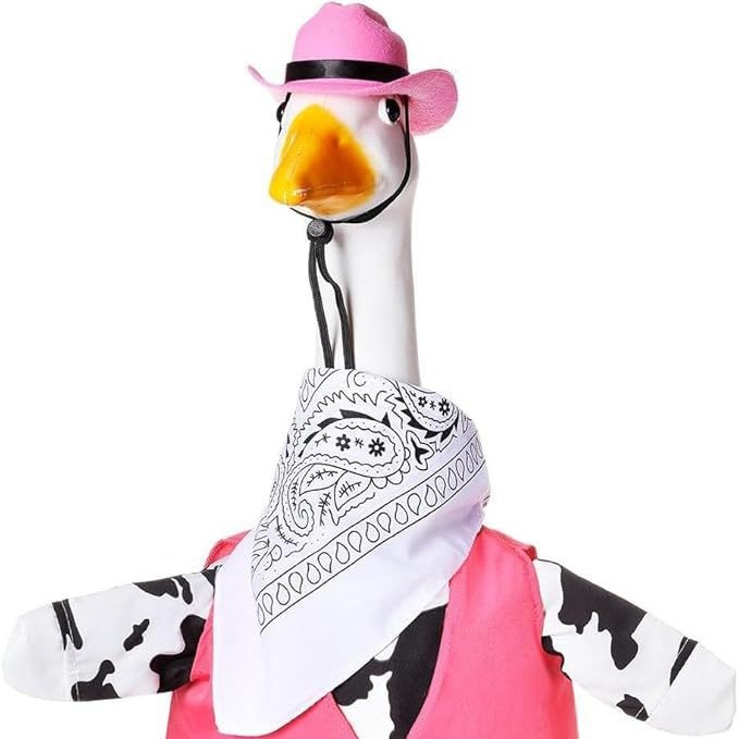 Decoración de ganso blanco para jardín con sombrero de vaquero y bufanda – adornos para mascotas, pañuelo para porche.