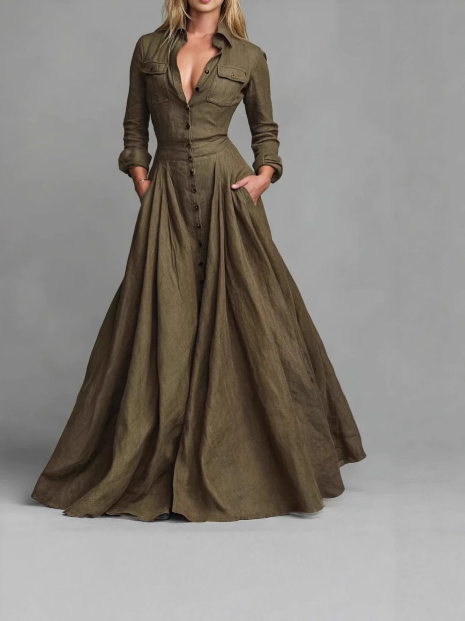 In-Stock Amazon Cross-Border Women's Long-Sleeved Collared Dress, European and American Style, Elegant, High-Waisted, Slimming, Large Hem Dress