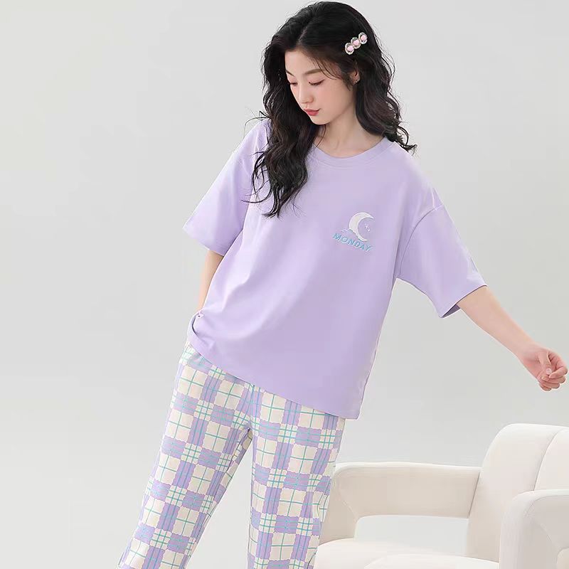 Venta al por mayor transfronteriza de nuevo estilo pijamas de cuello redondo pantalones de manga corta para mujer verano fino imitación algodón dibujos animados casual servicio a domicilio traje simple image 9