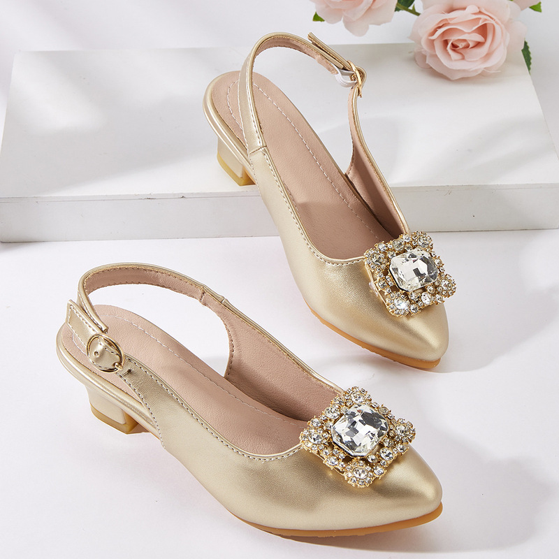 2026 New Style Shoes for Girls, High Heels, Girls' Flats for Outdoor Wear, Fashionable Pointed Toe Square Rhinestone Buckle Girls' Sandals