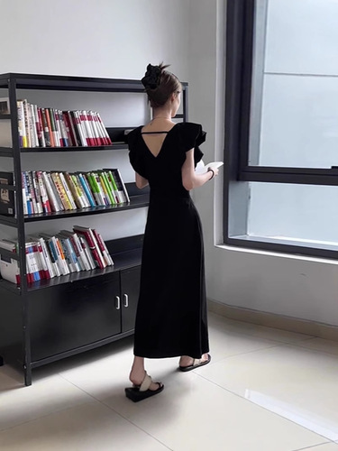 Black V-neck Child and Adult Summer Audrey Hepburn-style Slimming French Chic Long Dress