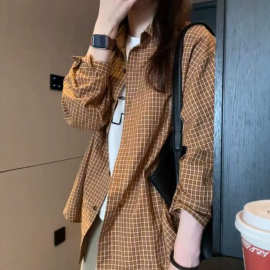 2026复古韩系棕黄色格子衬衫女春夏宽松薄款防晒显白格子衬衣外套