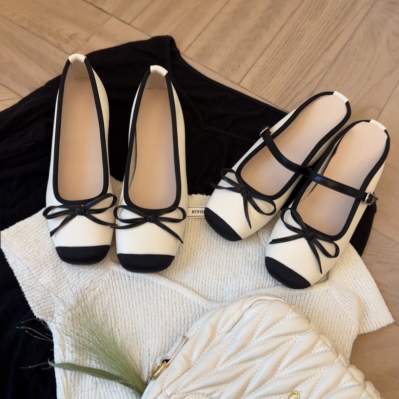 Ready in Stock and Shipped in Seconds! Grape Mom's Same Style Shoes French Inner Heightening Bow One-Word Shallow Mouth Ballet Half-Slip Flats for Women