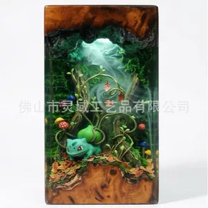 宝可梦枯木树藤环氧树脂摆件 实木蘑菇微景观树脂灯夜灯批发