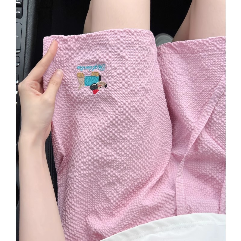 여름 여성용 핑크 자수 강아지 반바지 하이 웨이스트 A 라인 비치 바지 시어서커 디자인 속건성 캐주얼 5부 바지