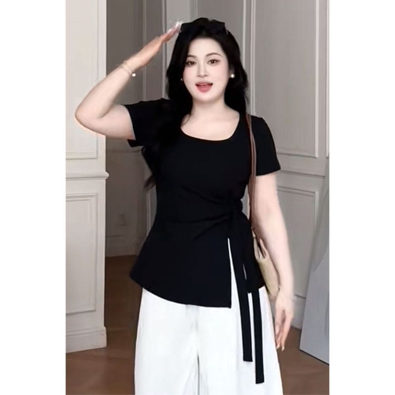 外国貿易卸売夏の半袖新しいウエスト Tシャツスリムスクエアカラーデザインニッチ不規則なトップ Tシャツ女性用|undefined