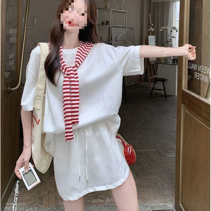 时尚套装女夏季2025新品百搭条纹披肩薄款防晒T恤短裙亚麻两件套|undefined
