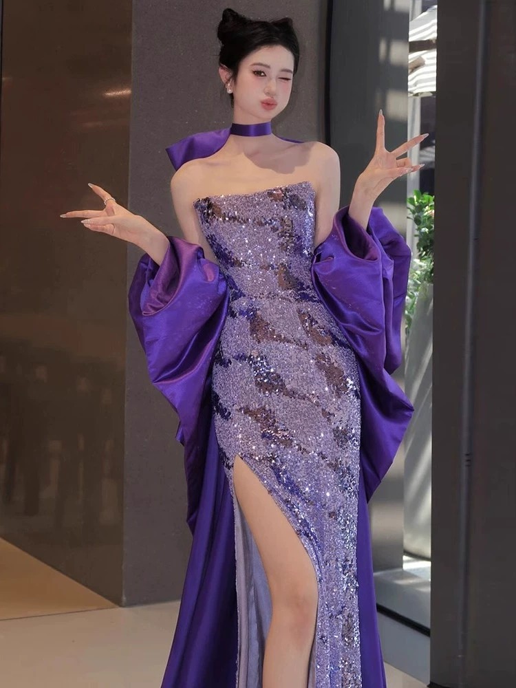 Elegant Purple Mermaid Evening Gown for Women Sophisticated Birthday Party Bridal Toasting Dress Unique Style Understated Luxury_ecoleips.com