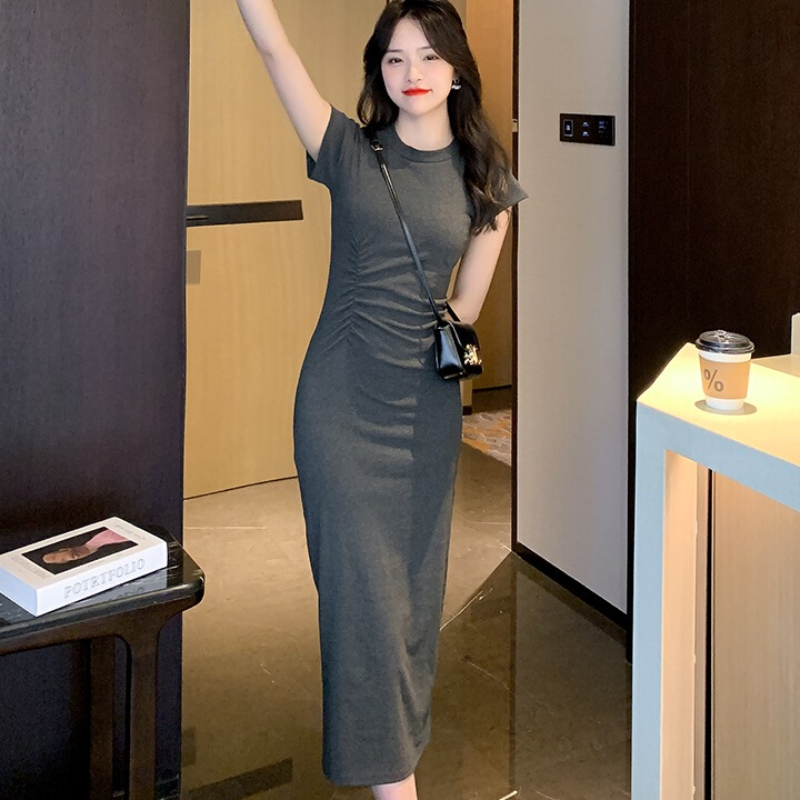 Summer lengthened mid-length over-the-knee waist slimming cotton straight casual short-sleeved T-shirt dress Women's