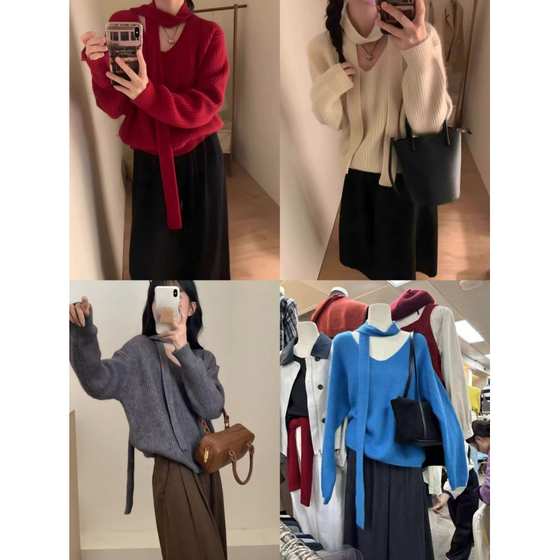 设计感挂脖飘带毛衣女慵懒高级感小众长袖上衣套头羊毛宽松针织衫|undefined