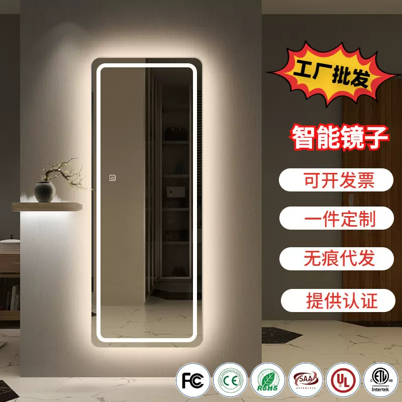 家用卧室全身镜悬挂式带灯穿衣镜感应多功能智能除雾试衣浴室镜子