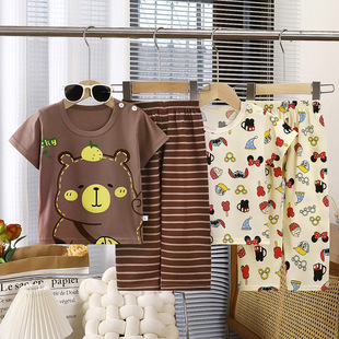 Children's Short-Sleeved Suits Boys and Girls Home Clothes Kidsren's Pajamas Kidsren's Clothing Pure Cotton Category a Wholesale