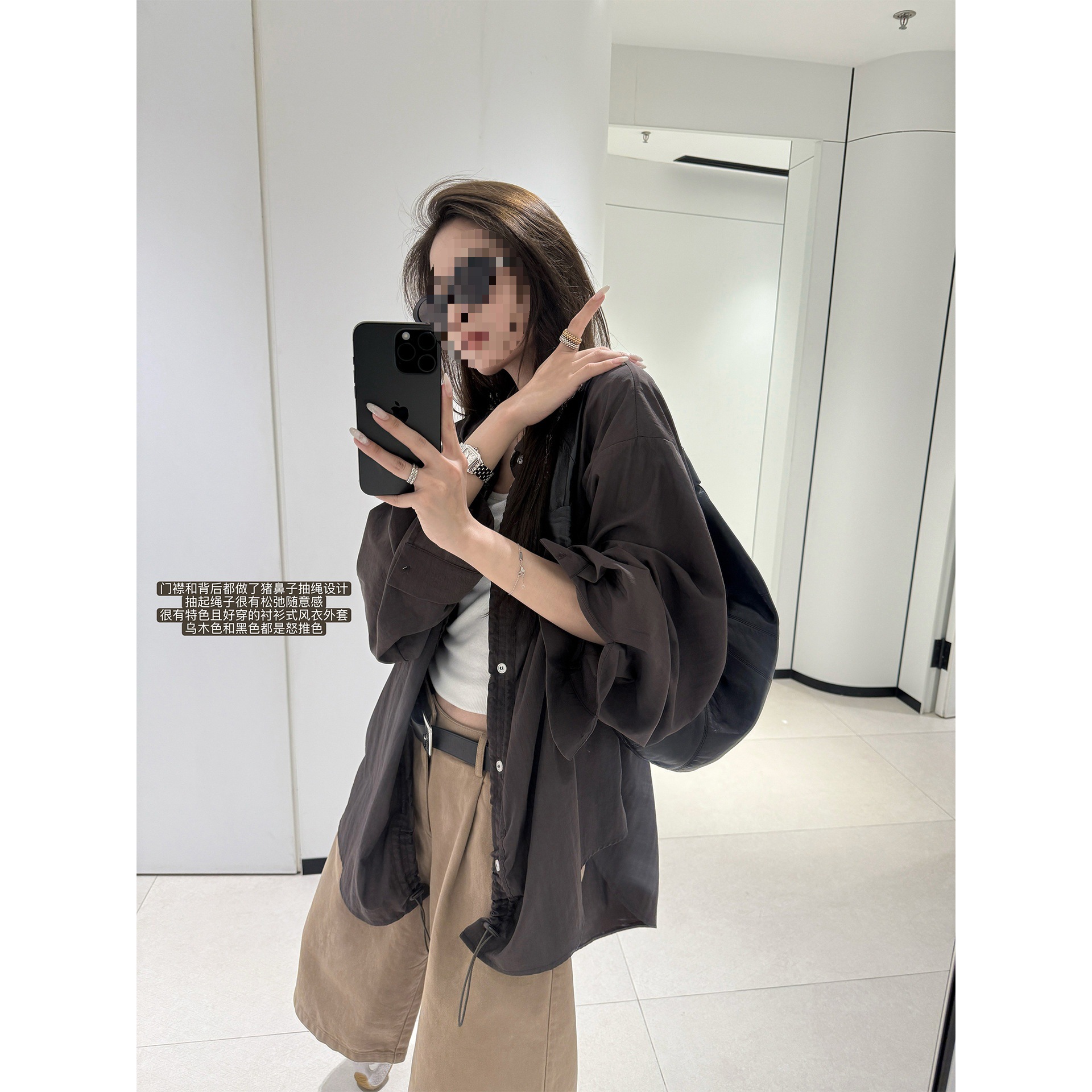 3717#林木木家 乌木 抽绳设计衬衫式风衣外套宽松上衣中长款黑色