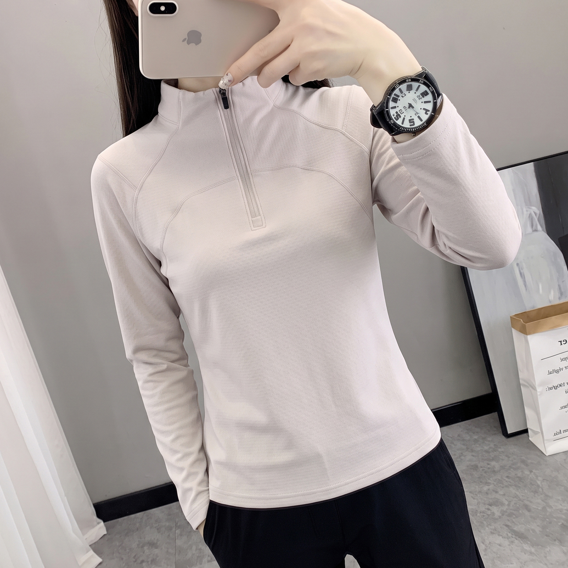 Autumn and winter quick-dry fleece-lined long-sleeve t-shirt for women, stand-up collar, warm fleece jacket, casual pullover, outdoor sports sweatshirt