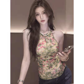 韩系复古油画印花挂脖上衣女修身显瘦微透纯欲风辣妹网纱吊带背心