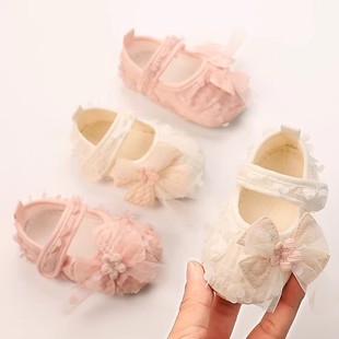 Autumn New Baby Shoes Princess Shoes Petal Toddler Shoes French Pink Off-White Soft-Soled Cloth Shoes for Girls 0-1