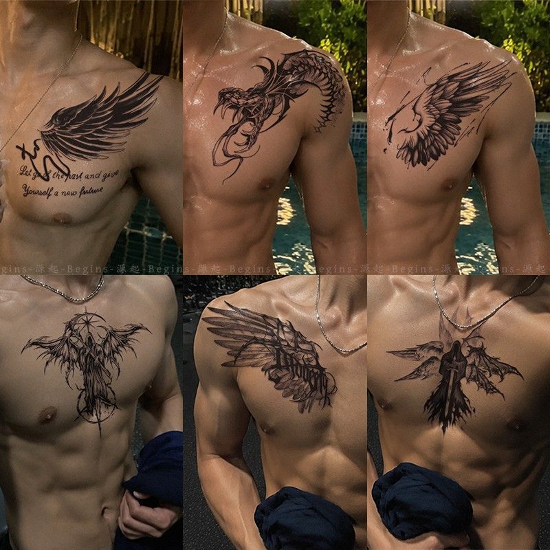 Dark style men's chest and shoulder herbal tattoo sticker with wings, snake, and death god designs, waterproof, long-lasting, trendy, cool, unique, and bold realistic tattoo Dark style men's chest and shoulder herbal tattoo sticker with wings, snake, and death god designs, waterproof, long-lasting, trendy, cool, unique, and bold realistic tattoo