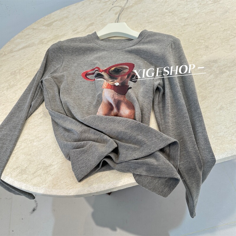 Fun Cartoon Glasses Dog Print Long-Sleeved T-Shirt for Women in Autumn and Winter Slimming Look and Versatile Brushed Right Shoulder Round Neck Bottoming Tee