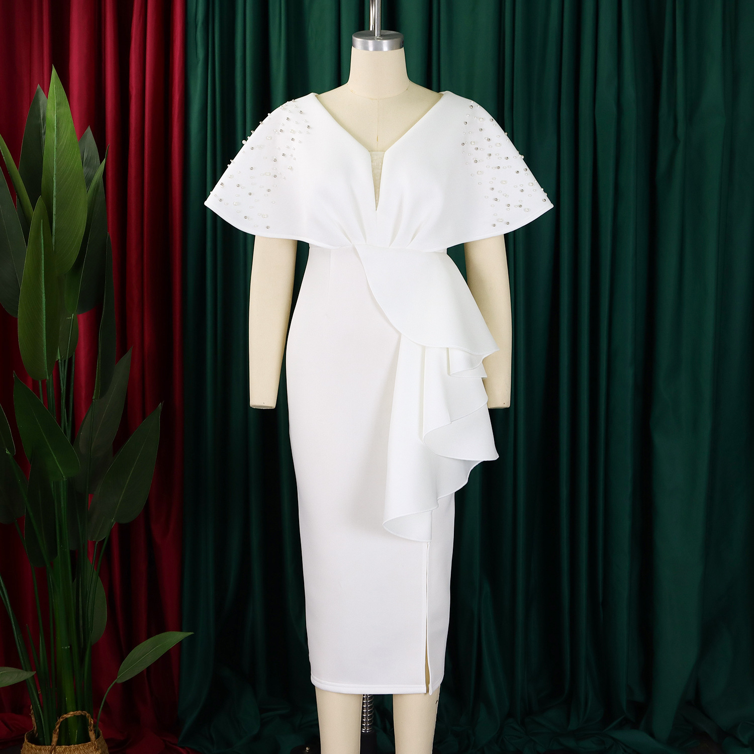 Robe de soirée sexy à col en V et à volants avec fente perlée, robe de banquet de tempérament de célébrité_voghion.com
