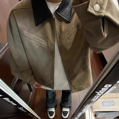 美式复古棕色底特律工装夹克cleanfit拉链开衫外套潮牌短款上衣服