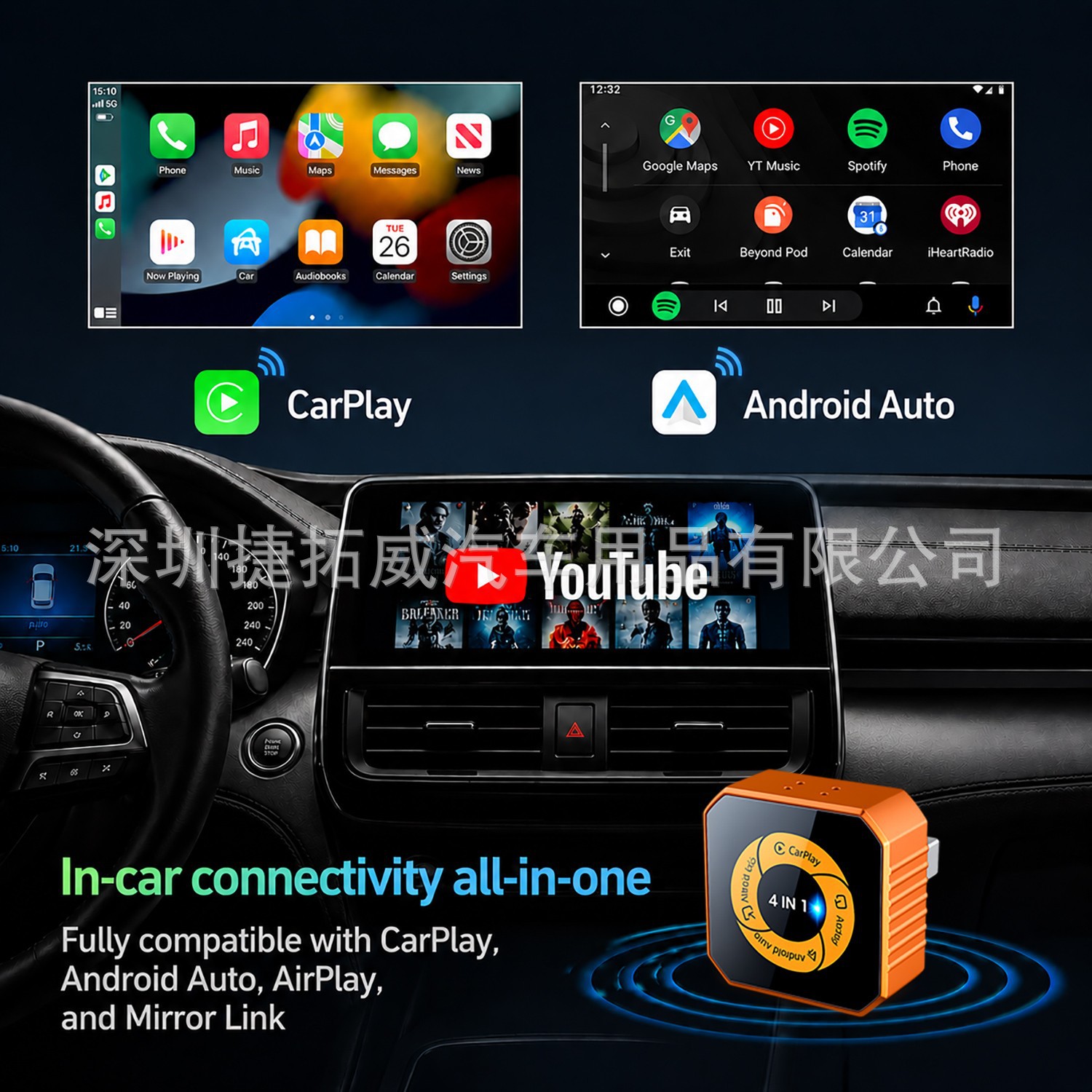 Cross-Border In-Car Wired-To-Wireless Carplay Box, Four-In-One Car Interconnection Box, Apple Android Auto Box